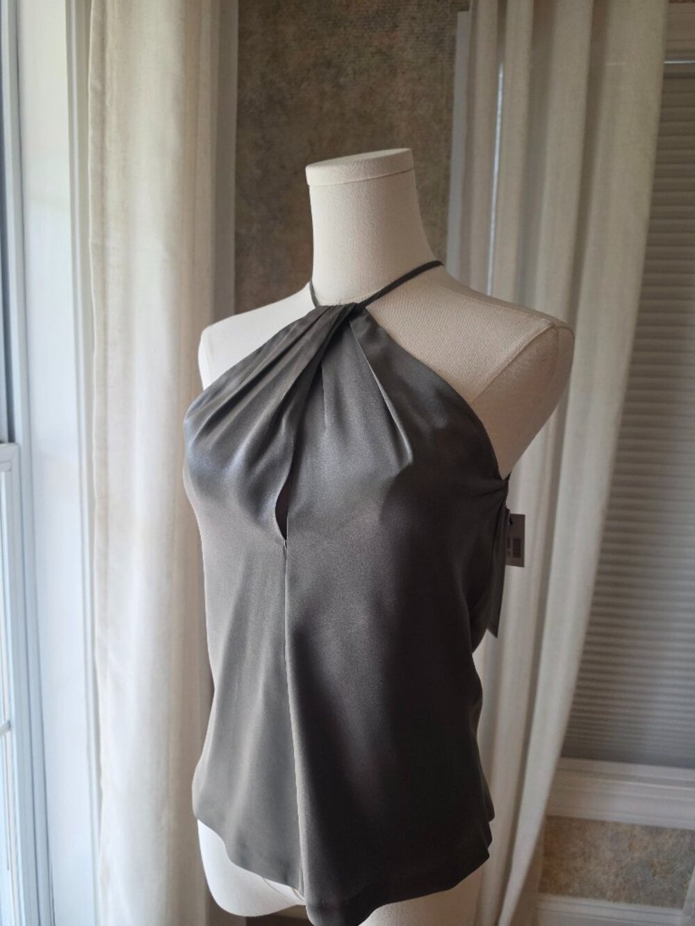 Nili Lotan Edwige Silk-Satin Halterneck Top – Admiral Green XS NWT